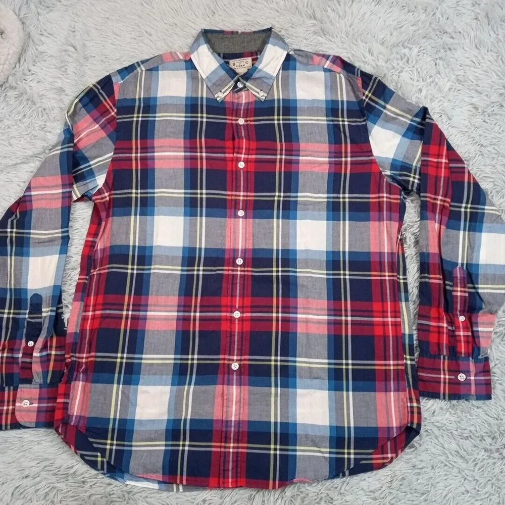J. Crew Shirt Mens L Blue Woven Preppy Career Casual Plaid Pocket Button Up‎